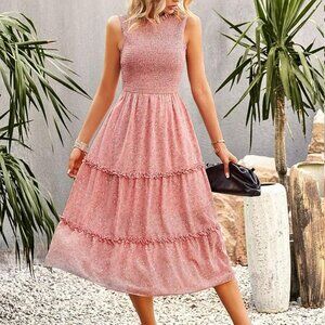 Summer Casual Boho Dress Floral Print Ruffle Sleeveless High Waist Midi Beach Dr